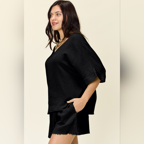 Double Take Texture Half Sleeve T-Shirt and Drawstring Shorts Set - Picture 2 of 7